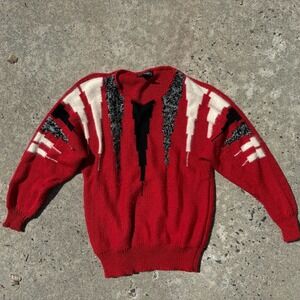 Cezanne Sweater M Red Chevron Angora Lambswool Pullover Vintage Unique Fall